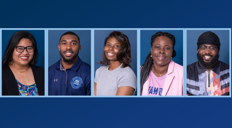 Five portraits on a blue background